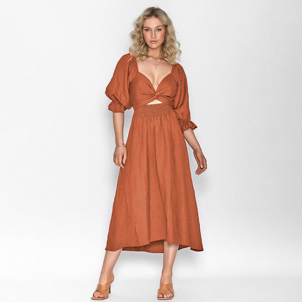 Chique Dames Midi Zomerjurk met driekwart Mouwen en Elastische taille - Veda