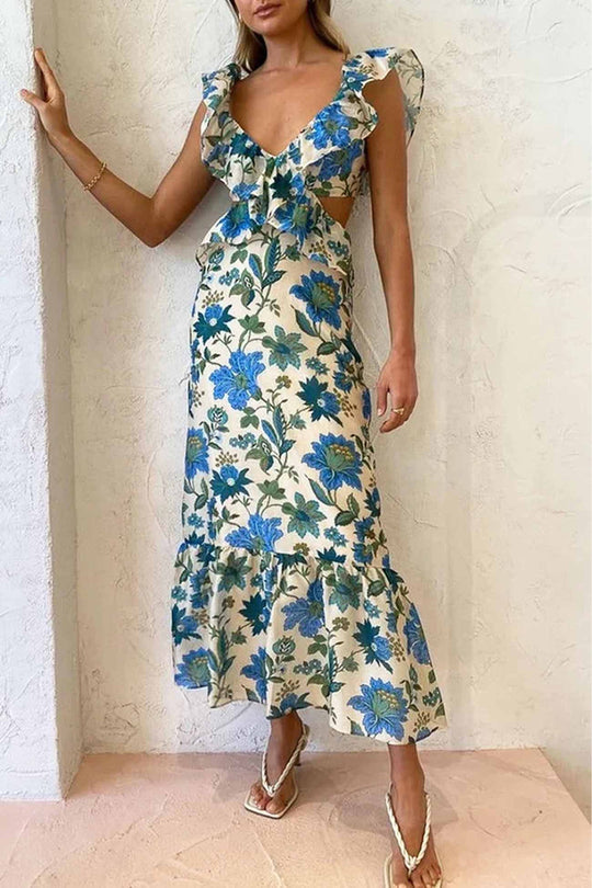 Vrouwen Mouwloos met Ruches en V hals  Chique Boho Stijl Maxi Zomerjurk - Aya