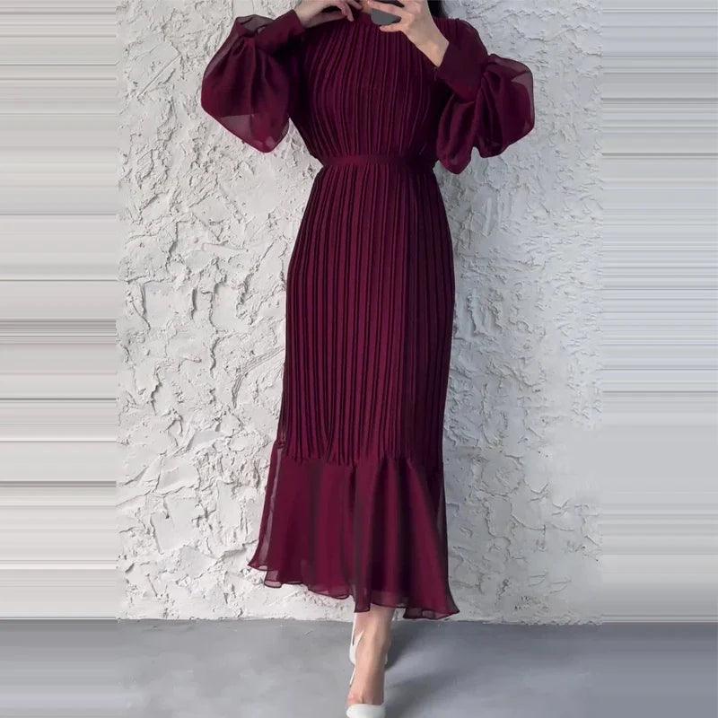 Dames Midi Jurk Geplooid met Ballonmouwen - Elegante Stijl-1