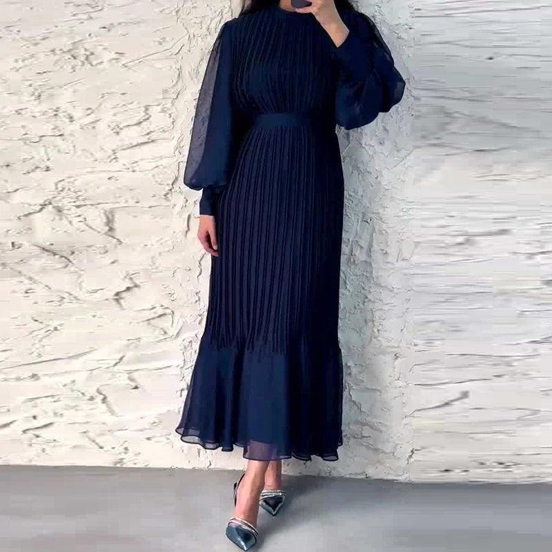 Dames Midi Jurk Geplooid met Ballonmouwen - Elegante Stijl-2