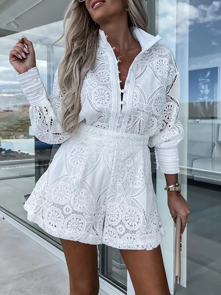 Dames Boho Chic Kanten Blouse en Hoge Taille Shortset - Kaya-4