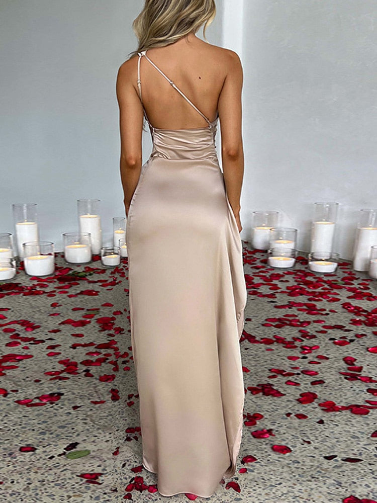 Dames Lange Jurk Satijnen One Shoulder Met Hoge Split - Sophie-4