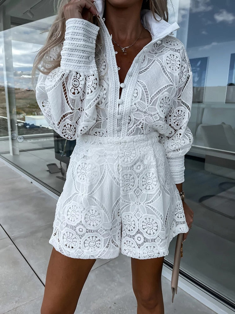 Dames Boho Chic Kanten Blouse en Hoge Taille Shortset - Kaya-1