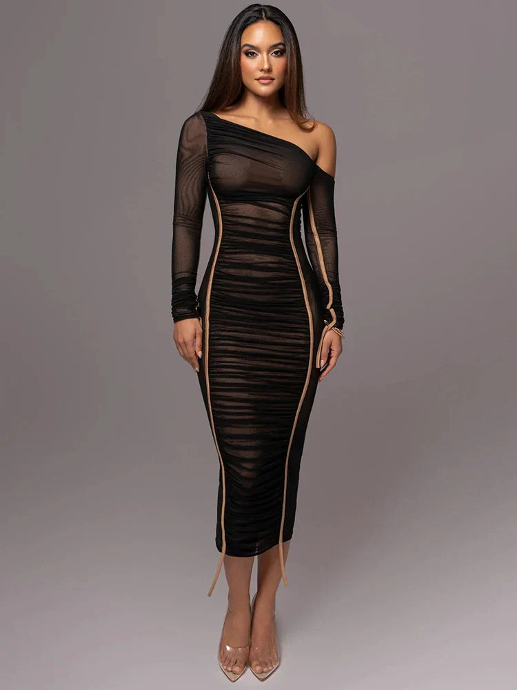 Dames Zwarte Midi Jurk Flatterend Silhouet van Luxe Polyester - Lilia-5