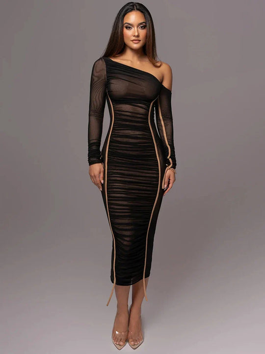 Dames Zwarte Midi Jurk Flatterend Silhouet van Luxe Polyester - Lilia-5