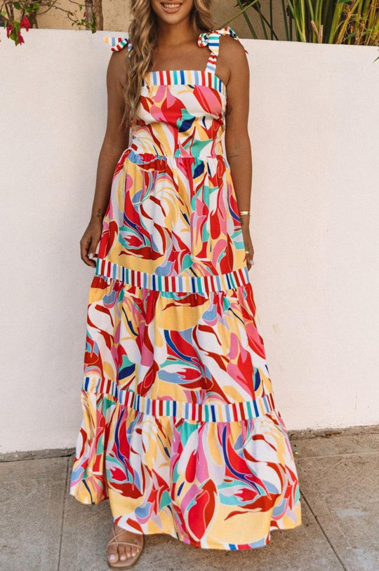 Dames Mouwloze Maxi Jurk met Kleurrijke Print en Strikdetails - Emma-3