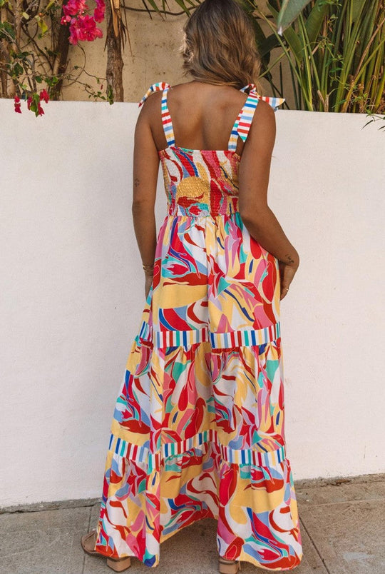 Dames Mouwloze Maxi Jurk met Kleurrijke Print en Strikdetails - Emma-4