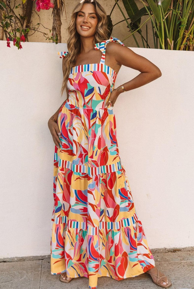 Dames Mouwloze Maxi Jurk met Kleurrijke Print en Strikdetails - Emma-5
