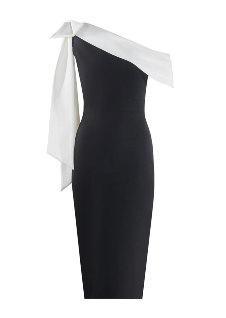 Dames Off-Shoulder Midi Jurk met Strikdetail - Elegante Zwart-Witte Gala Jurk-1