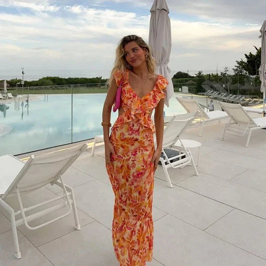 Vrouwen Mouwloos met Ruches en V hals  Chique Boho Stijl Maxi Zomerjurk - Aya