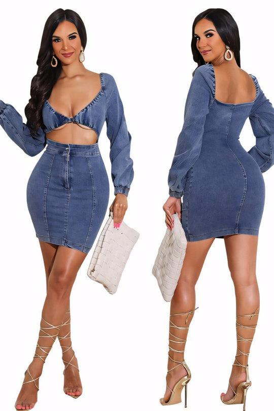 Dames Bodycon Denim Jurk Met Diepe V-hals En Cut-Outs - Sorrelia-3