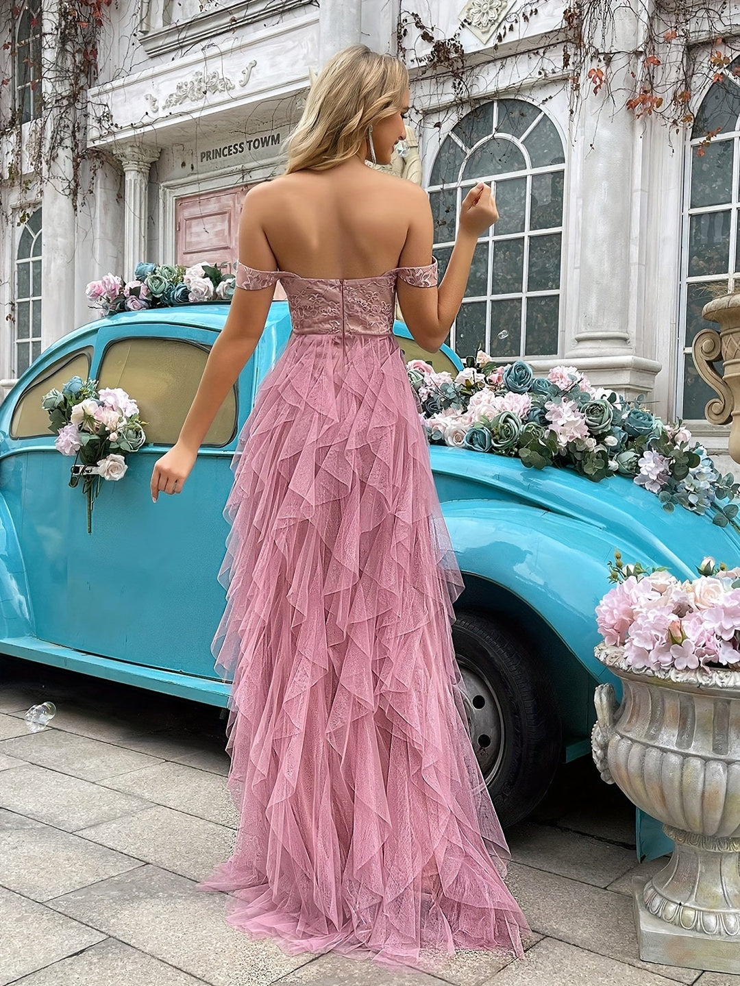 Dames Avondjurk Elegante Off-Shoulder Tulle Hoge Split - Stella-6