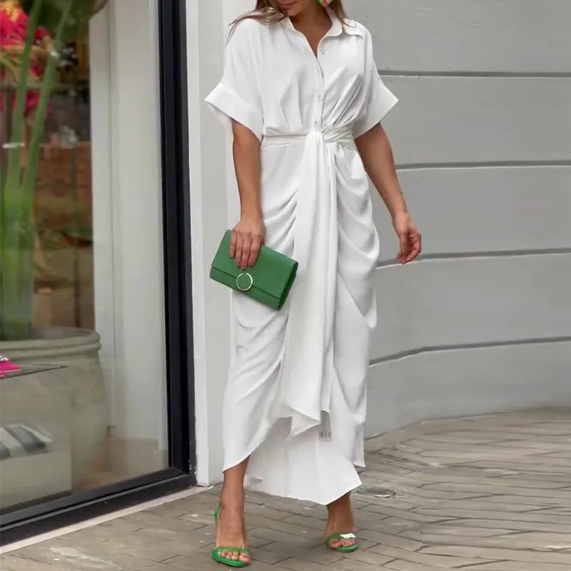Vrouwen Chic Stijl Buttoned Down Riem Midi Zomerjurk - Emma