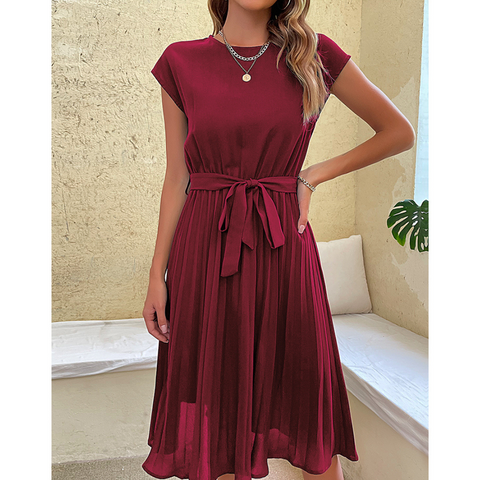 Vrouwen Elegante Flatterende Korte Mouwen Riem Midi Zomerjurk - Nora