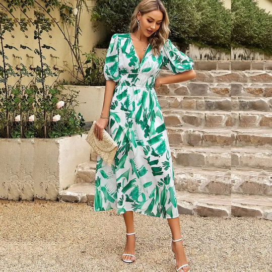 Vrouwen Flatterende V hals en elastische taille Midi zomerjurk - Linda