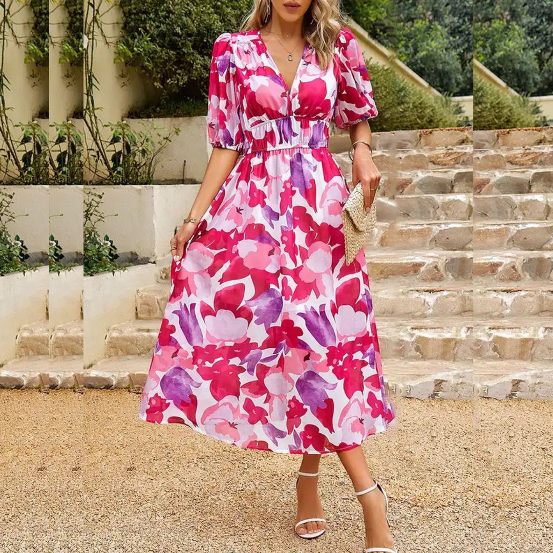 Vrouwen Flatterende V hals en elastische taille Midi zomerjurk - Linda