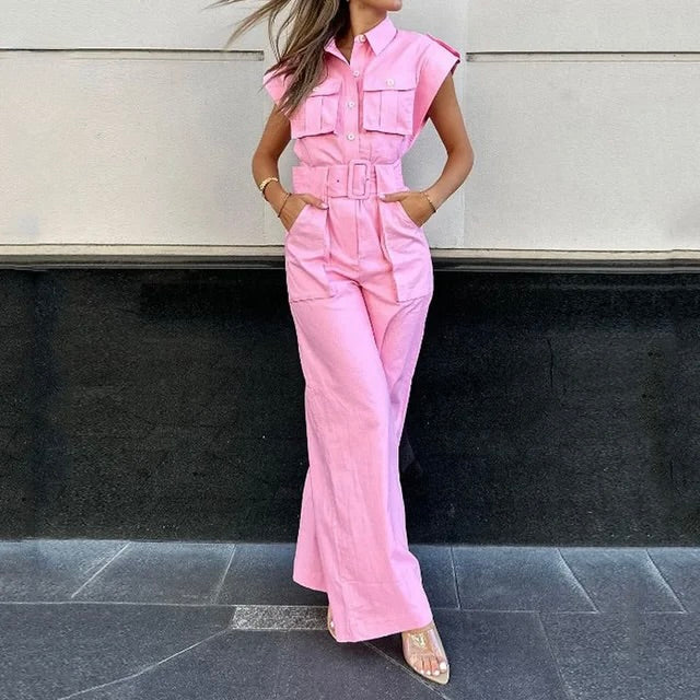 Dames Jumpsuit Feestelijk Roze Met Riem - Amalia-2