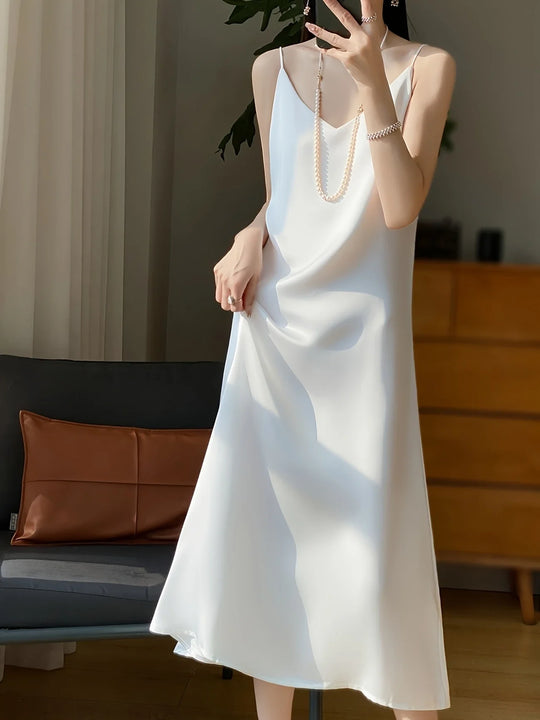 Dames Midi Jurk Luxe Satijn V-hals Mouwloos - Sophie-3