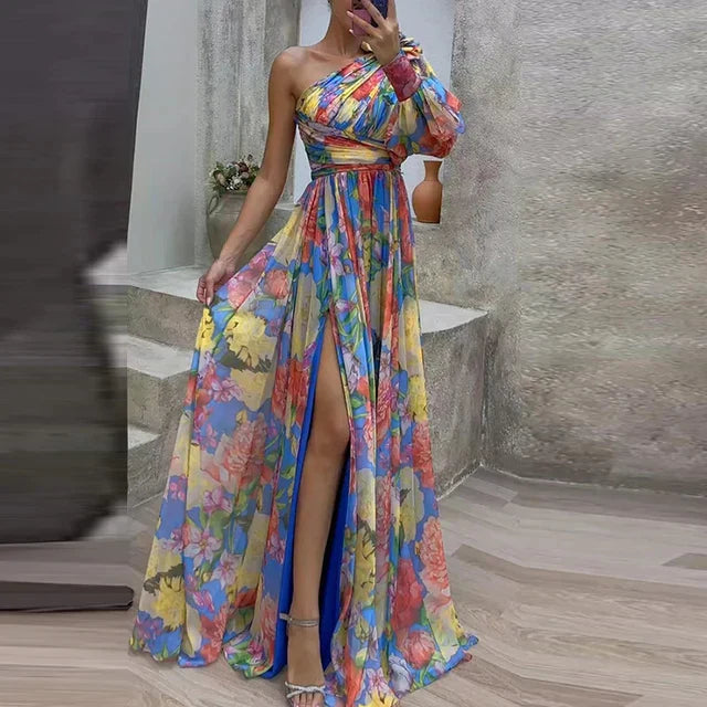 Dames Maxi Jurk Elegante Eén Mouw - Stijlvolle Lange Jurk voor Zomer evenementen-2