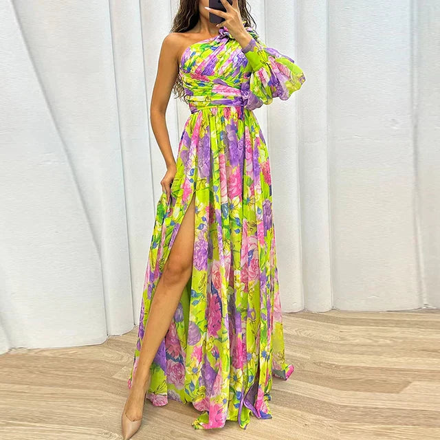 Dames Maxi Jurk Elegante Eén Mouw - Stijlvolle Lange Jurk voor Zomer evenementen-3