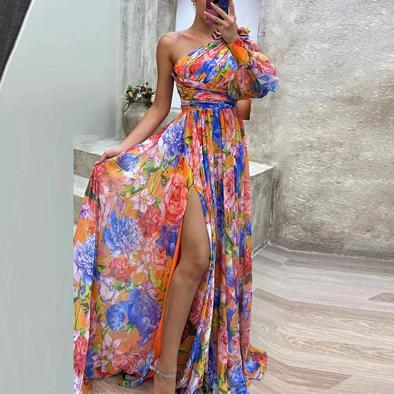 Dames Maxi Jurk Elegante Eén Mouw - Stijlvolle Lange Jurk voor Zomer evenementen-6