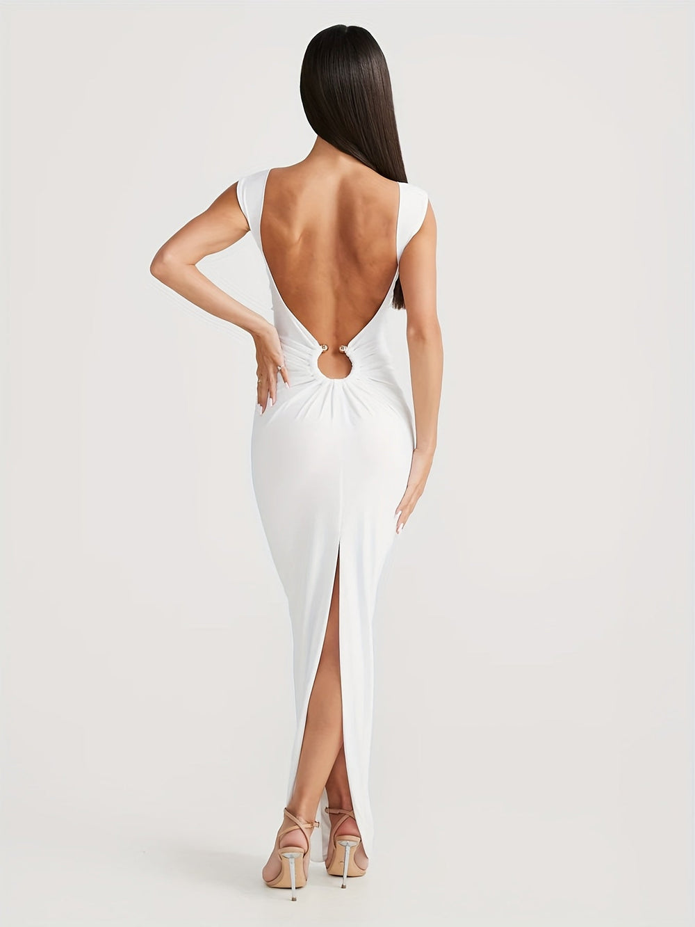 Dames Maxi Jurk Elegante Diepe V-hals met Ringdetail - Yara-2