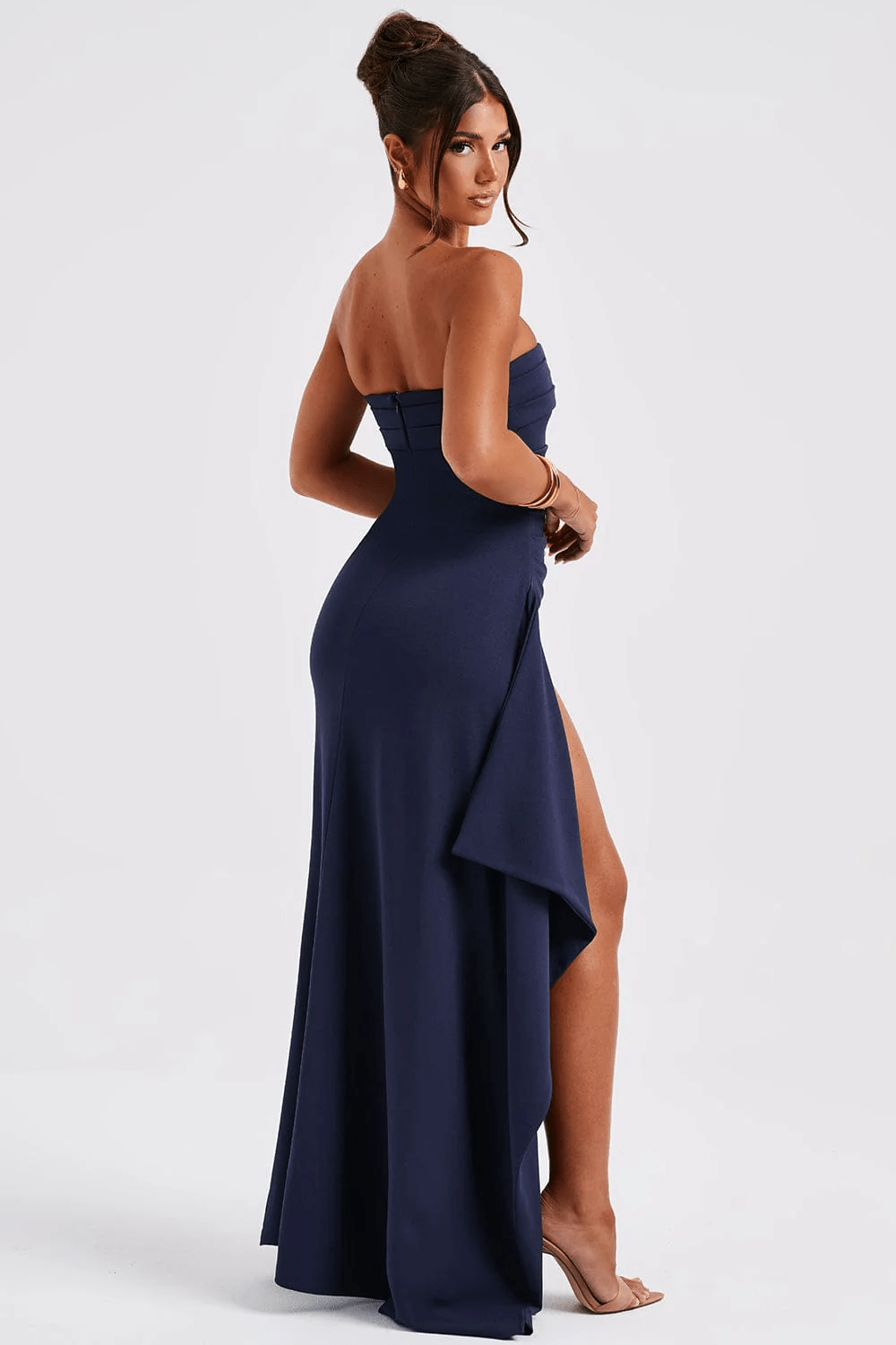 Dames Strapless Maxi Jurk met Gedrapeerde Details en Dijsplit - Zwart-6
