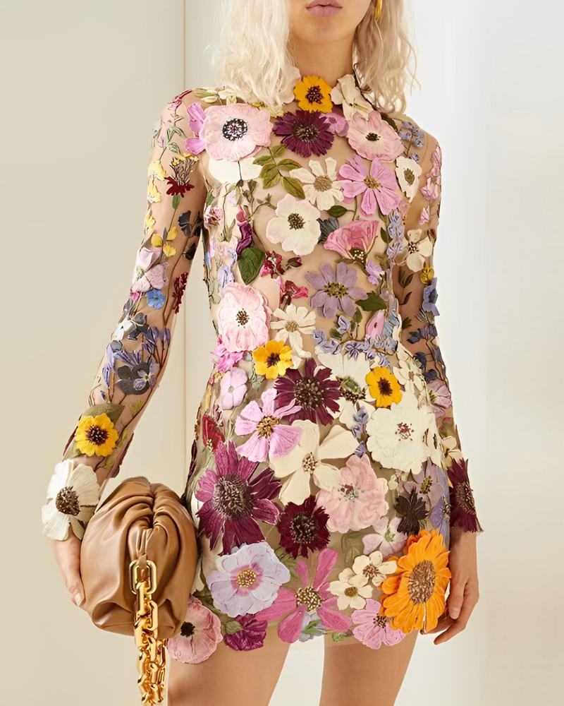 Variant image for Dames Midi Jurk Bloemdecoratie Elegante Hoge Halslijn - Flora-3