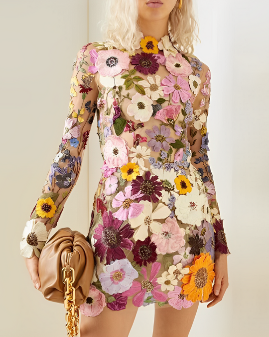Variant image for Dames Midi Jurk Bloemdecoratie Elegante Hoge Halslijn - Flora-3
