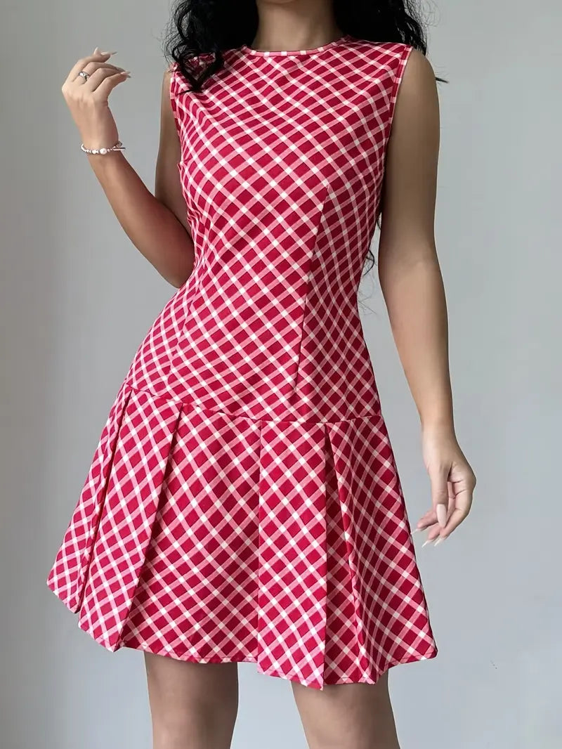 Variant image for Dames Mouwloze A-lijn Jurk met Plooien en Ruitpatroon - Vintage Chic-6