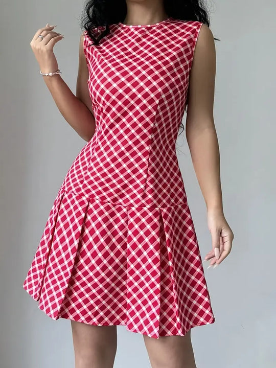Variant image for Dames Mouwloze A-lijn Jurk met Plooien en Ruitpatroon - Vintage Chic-6