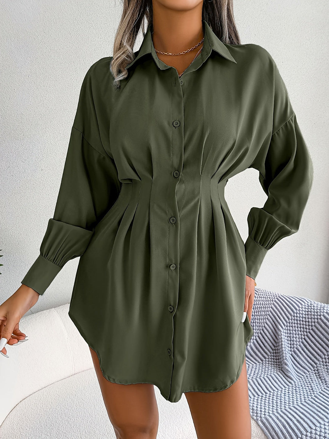 Dames Overhemdjurk Geplooide Taille met Lantaarnmouwen - Lara-1