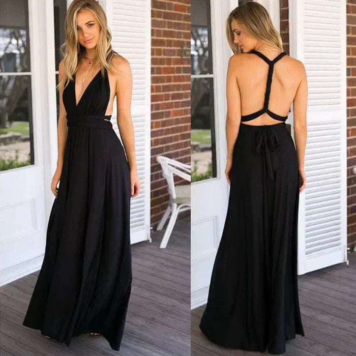 Dames Zwarte Lange Jurk Elegante Open Rug - Isolene-2