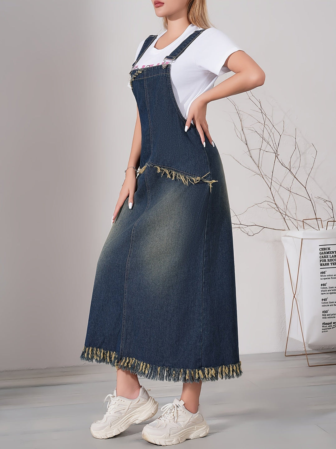 Dames Casual Denim Maxi Jurk Met Ruwe Zoom En Verstelbare Band - Lotte-6