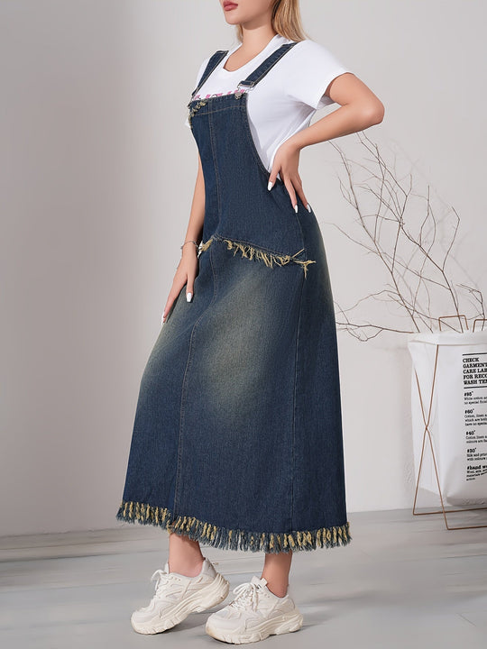 Dames Casual Denim Maxi Jurk Met Ruwe Zoom En Verstelbare Band - Lotte-6