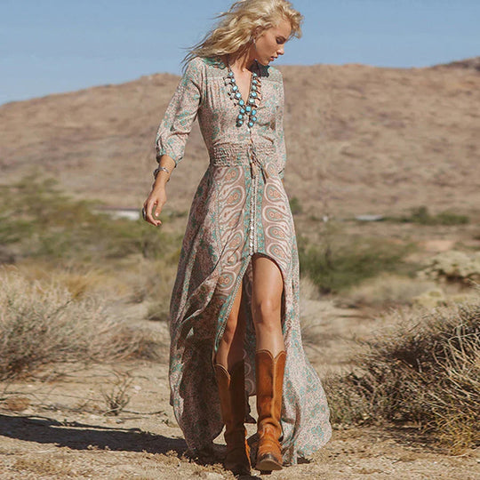 Dames Maxi Jurk Bohemian Paisley met Hoge Split en Volumineuze Mouwen - Azaria-5