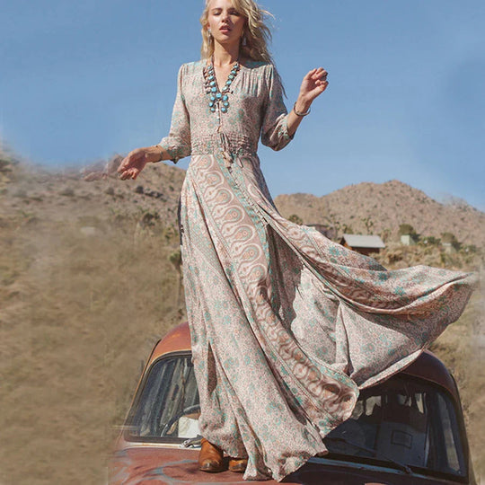 Dames Maxi Jurk Bohemian Paisley met Hoge Split en Volumineuze Mouwen - Azaria-6