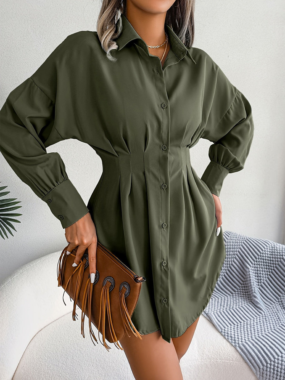 Dames Overhemdjurk Geplooide Taille met Lantaarnmouwen - Lara-2
