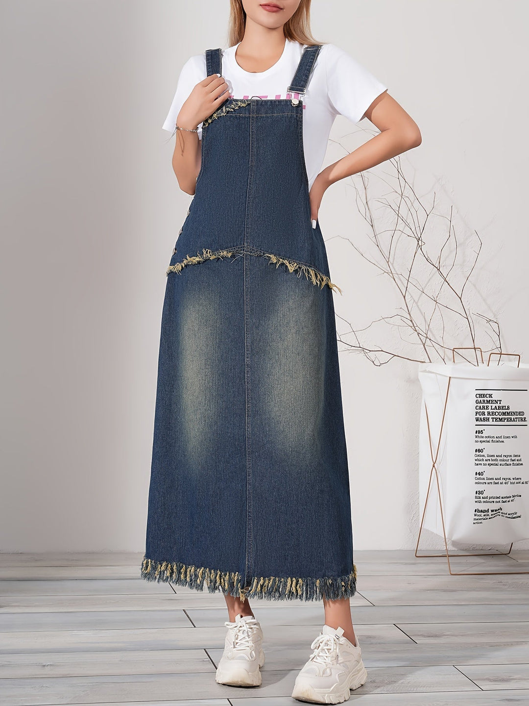 Dames Casual Denim Maxi Jurk Met Ruwe Zoom En Verstelbare Band - Lotte-3