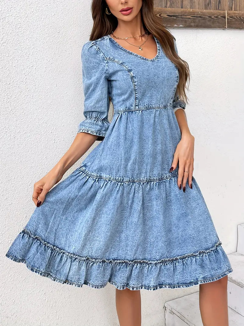 Dames Denimjurk V-hals Pofmouwen A-lijn Stijlvolle Zomer Kleding - Greer-4