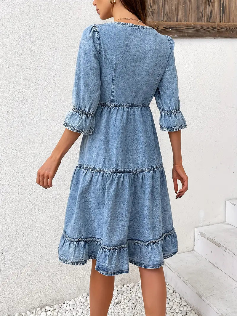 Dames Denimjurk V-hals Pofmouwen A-lijn Stijlvolle Zomer Kleding - Greer-2