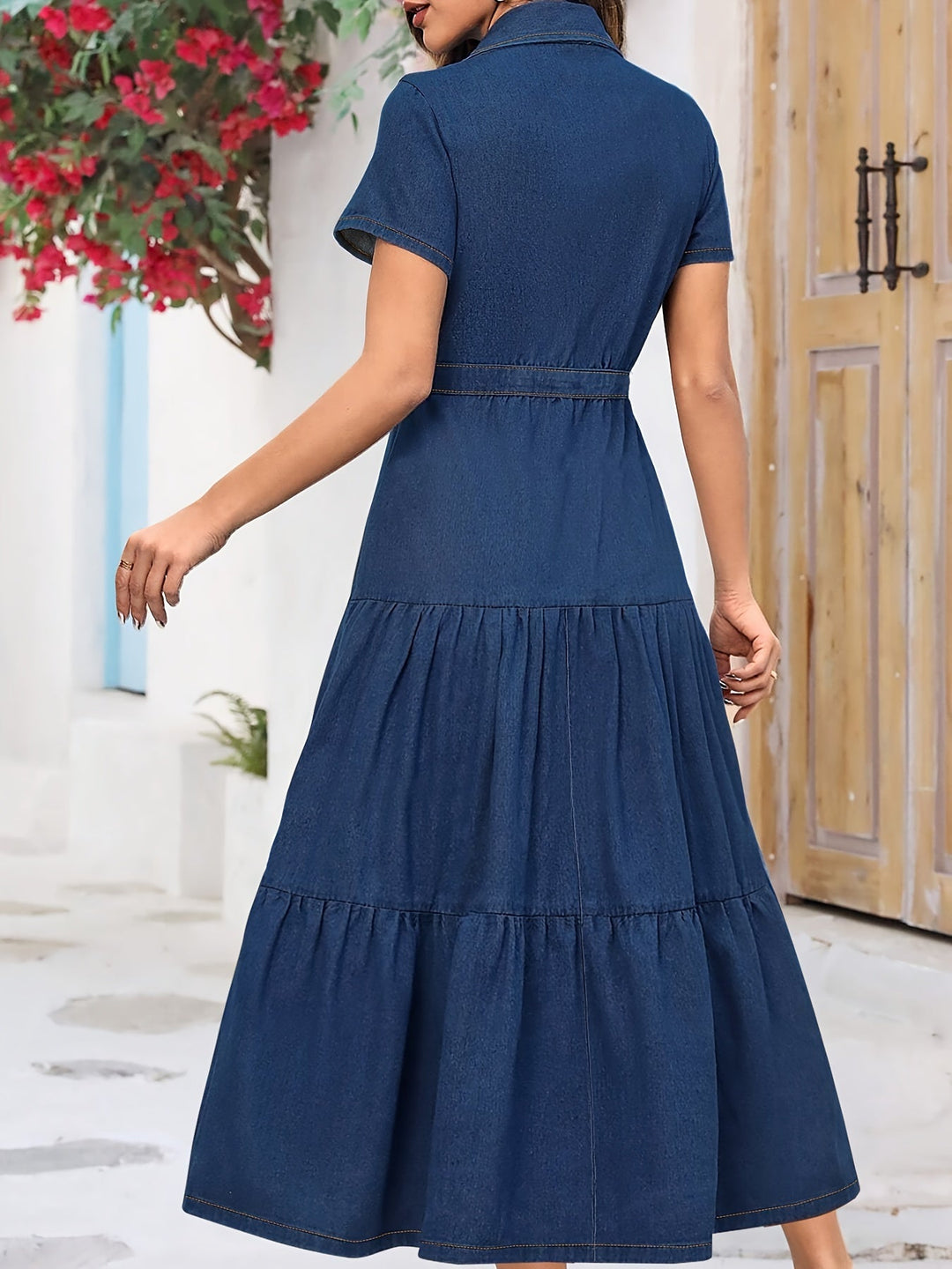 Dames Midi Denim Jurk Effen Gewassen Blauw Met Reverskraag - Lara-3