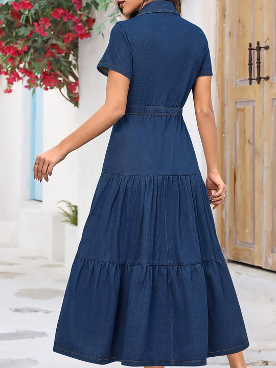 Dames Midi Denim Jurk Effen Gewassen Blauw Met Reverskraag - Lara-3