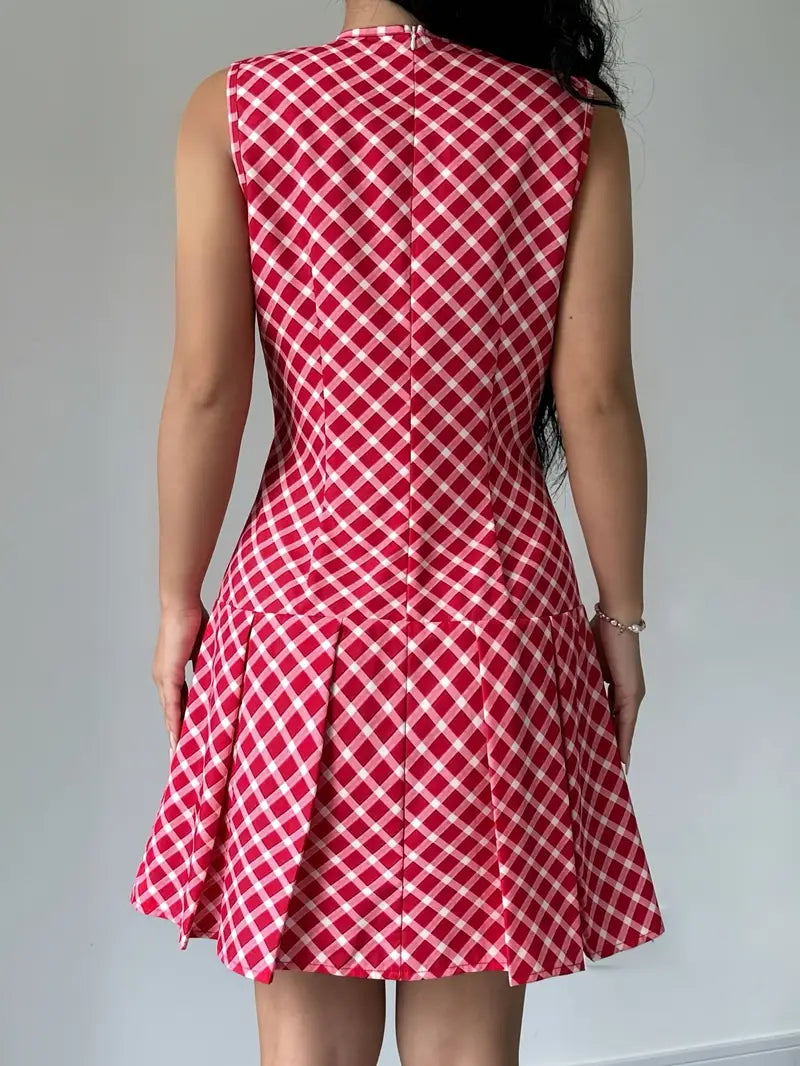Dames Mouwloze A-lijn Jurk met Plooien en Ruitpatroon - Vintage Chic-6