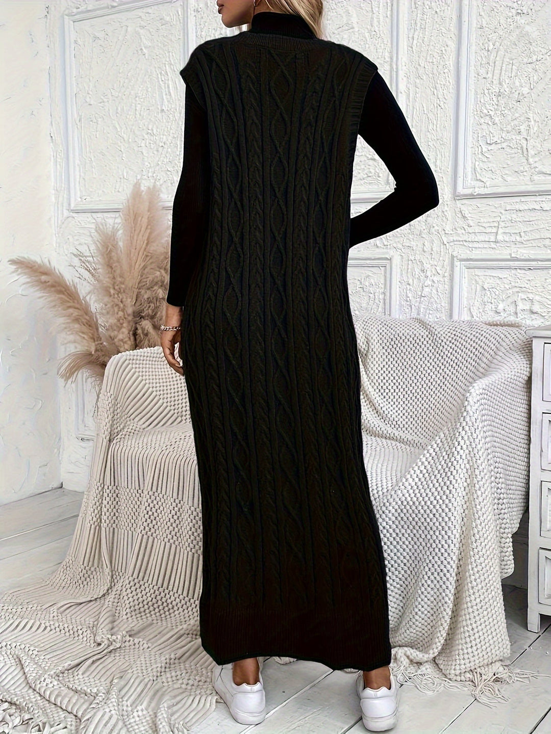 Dames Mouwloze Maxi Jurk Elegant Kabelpatroon V-hals - Evelien-6