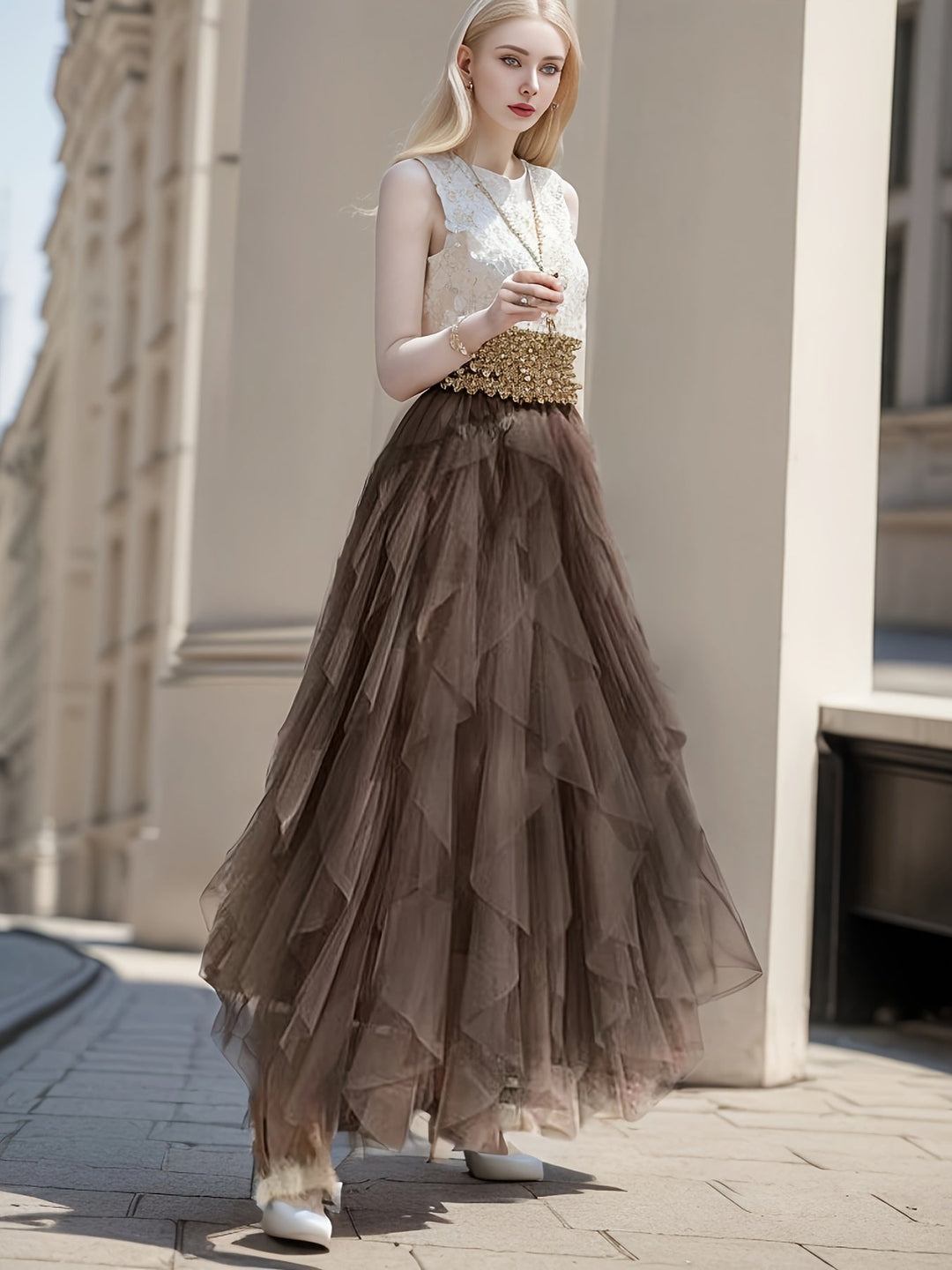 Variant image for Dames Gelaagde Maxi Rok van Mesh met Elastische Taille - Elegant Design-31