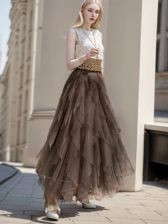 Variant image for Dames Gelaagde Maxi Rok van Mesh met Elastische Taille - Elegant Design-31
