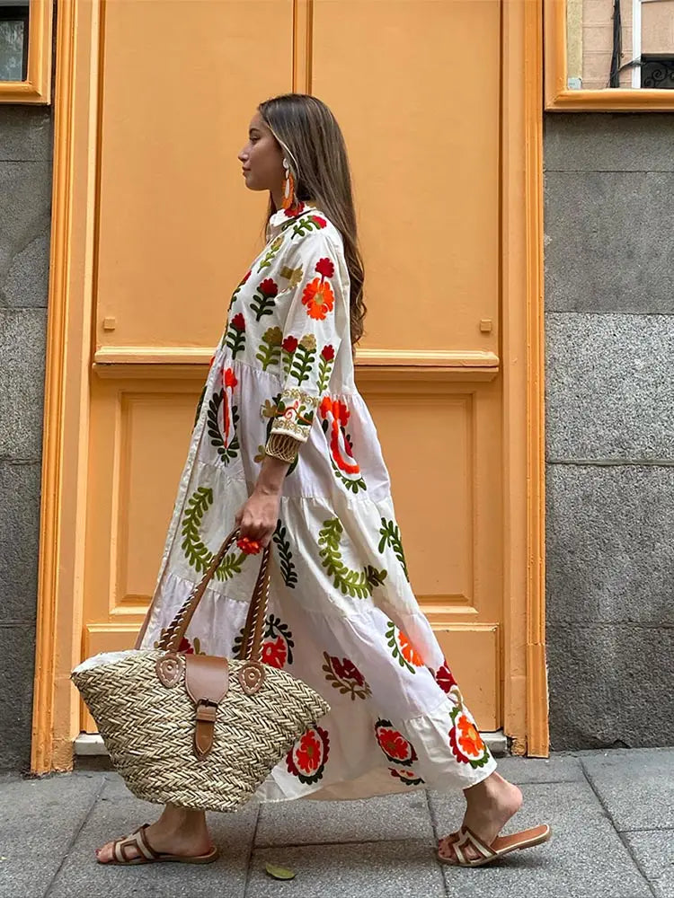 Dames Maxi Jurk Stijlvolle Knoopsluiting Lange Mouwen - Amalia-4