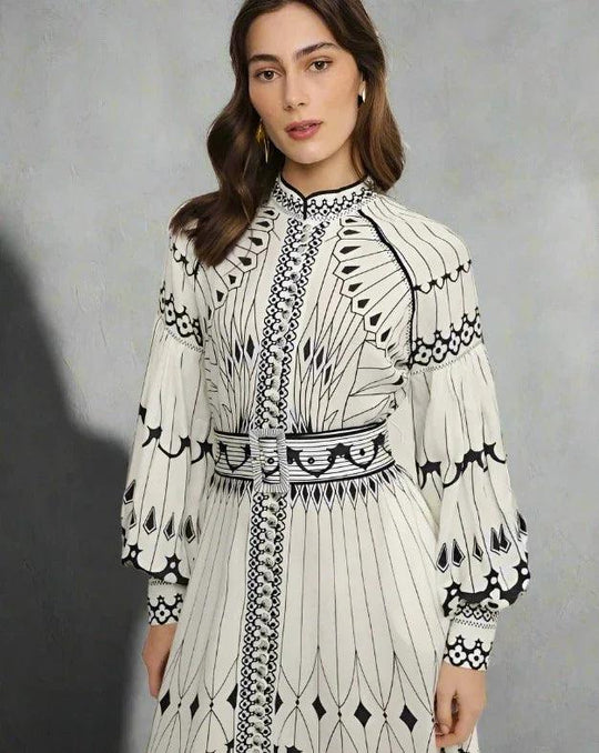 Dames Lange Jurk Elegante Vlinderprint met Taille Riem - Anartia-3