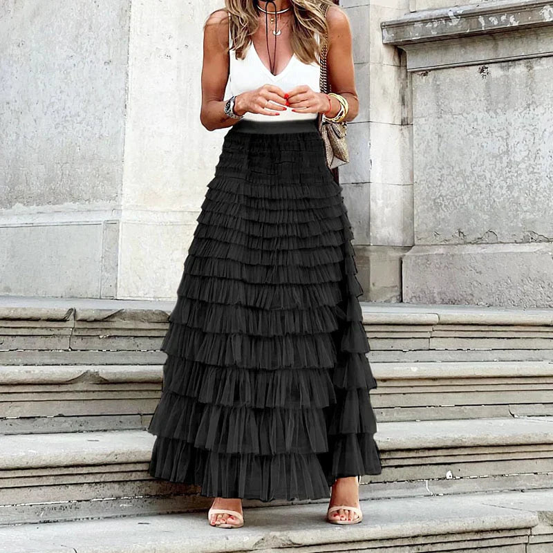 Dames Maxi Rok Elegant Plooi Design met Elastische Taille - Mitch-4